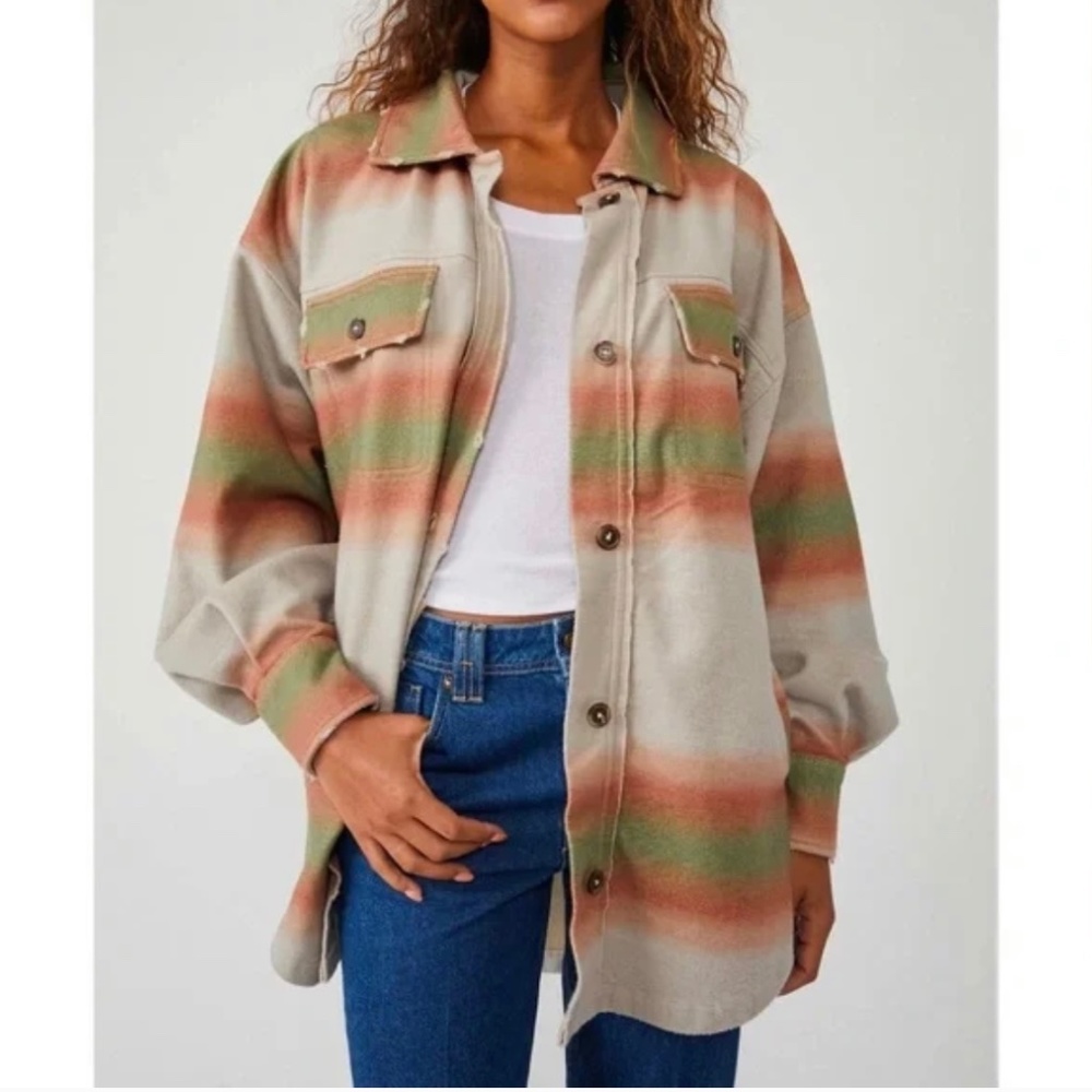 Free People Ruby Ombré Stripe Shirt Jacket Shacket NWT XL Marzipan